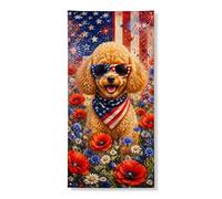 Bannière de couverture de porte en forme de chien patriotique, fleurs rouges vives et étoiles, décoration de porte d'entrée, décoration intérieure ou extérieure, 91,4 x 183 cm