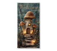 Bannière de couverture de porte fantaisie en forme de champignon, décoration de maison de fée enchantée, panneau de bienvenue magique en plein air, décoration de porte d'entrée saisonnière sur le