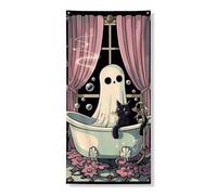 Bannière de couverture de porte fantôme fantaisie, chat mignon et bulles, décoration d'intérieur et d'extérieur, toile de fond festive d'Halloween à suspendre, 91,4 x 183 cm