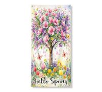 Bannière de couverture de porte florale de printemps, arbre en fleurs vintage et papillons, décoration de porte d'entrée, intérieur et extérieur, festival du printemps, fournitures de vacances 91,4 x