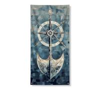 Bannière de couverture de porte nautique, roue de bateau bleu océan et ancres, décoration artistique, décoration d'été côtière pour maison, entrée, fête de plage, décoration extérieure 91,4 x 183 cm