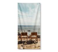 Bannière de couverture de porte panoramique côtière, chaises de plage rustiques, vue sur l'océan, décoration d'intérieur, décoration d'été nautique d'entrée, 91,4 x 183 cm