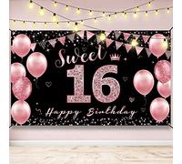 Bannière de décoration d'anniversaire pour 16 ans, décorations d'anniversaire pour filles, or rose, décoration de fête Sweet Seize Teen, panneau de 16 m pour extérieur et intérieur, Vicycaty