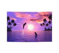 Bannière de décoration de fête avec dauphins au coucher du soleil - Bannière de fond pour fête d'anniversaire - Décoration murale intérieure ou extérieure - Fournitures de fête - 119 x 180 cm