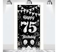 Bannière de décoration de fond pour porte de 75e anniversaire, noir argent 75e anniversaire fond bannière de porte, poster photographique accessoire photo femmes hommes anniversaire décoration de fête
