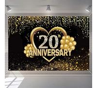 Bannière de décoration « Happy 20th Anniversary », fournitures de fête d'anniversaire de mariage, affiche en tissu, toile de fond noire et dorée, fond photo, panneau de bienvenue, 150 cm x 90 cm
