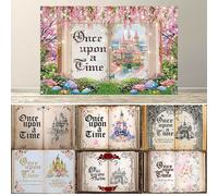 Bannière de décoration pour fête d'anniversaire ou de mariage sur le thème du conte de fées 'Il était une fois', avec motif floral rose et noir, papillon et château de princesse. DEWW404p