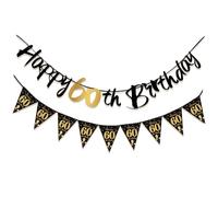 Bannière de décorations d'anniversaire pour 60e anniversaire, Noir Or Deco Anniversaire 60 ans Bannières Kit, Bannière «Happy 60th Birthday»