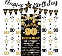 Bannière de décorations de 90e anniversaire pour homme - 9 pièces - Toile de fond noire et dorée - Guirlande à paillettes pour homme et femme - Fournitures de décoration de fête d'anniversaire « Happy