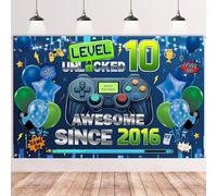 Bannière de décorations de jeu pour 10e anniversaire - Grande toile de fond bleue pour garçons (110 x 180 cm), niveau 10 débloquée géniale depuis 2016 - Toile de fond pour anniversaire de 10 ans