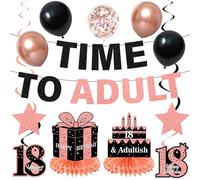 Bannière de décorations pour 18e anniversaire - 21 pièces - Bannière à paillettes noires et or rose - Avec spirales à suspendre - Ballons décoratifs de table pour fille de 18 ans