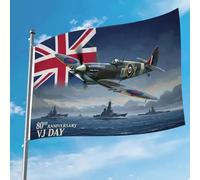 Bannière de drapeau 2025 pour 80e anniversaire de la VJ Day - 0,9 x 1,5 m - Décorations patriotiques Spitfire pour la Seconde Guerre mondiale 1945, jour des forces armées