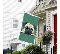 Bannière de drapeau double face résistante à la décoloration pour l'extérieur - Drapeau de bienvenue - Carlin à pois verts - Bannière de vœux personnalisée pour maison de fête
