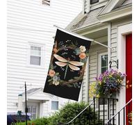 Bannière de drapeau double face résistante à la décoloration pour l'extérieur, drapeau de bienvenue de cour, image de libellule dans une couronne, bannière de vœux personnalisée pour fête maison