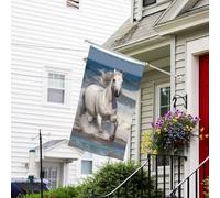 Bannière de drapeau double face résistante à la décoloration pour l'extérieur, drapeau de bienvenue de cour, cheval blanc courant sur la mer, bannière de vœux personnalisée pour fête maison