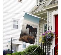 Bannière de drapeau double face résistante à la décoloration pour l'extérieur, drapeau de bienvenue de cour, cheval sur une montagne brumeuse, bannière de vœux personnalisée pour fête maison