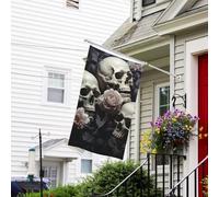 Bannière de drapeau double face résistante à la décoloration pour l'extérieur, drapeau de bienvenue noir et blanc, fleurs et tête de mort, bannière de vœux personnalisée pour fête maison