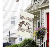 Bannière de drapeau double face résistante à la décoloration pour l'extérieur - Drapeau de bienvenue pour l'extérieur - Fleurs et chevaux - Bannière de vœux personnalisée pour fête maison
