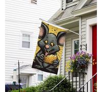 Bannière de drapeau double face résistante à la décoloration pour l'extérieur - Drapeau de bienvenue - Rat mange un morceau de fromage - Bannière de vœux personnalisée pour fête maison