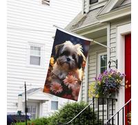Bannière de drapeau double face résistante à la décoloration pour l'extérieur, drapeau de bienvenue Shih Tzu chien et fleurs, bannière de vœux personnalisée pour fête maison