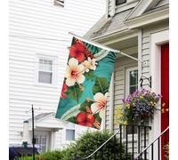 Bannière de drapeau double face résistante à la décoloration pour l'extérieur - Fleurs hawaïennes sur fond vert - Bannière de vœux personnalisée pour fête maison