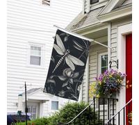 Bannière de drapeau double face résistante à la décoloration pour l'extérieur - Fleurs noires et libellule - Bannière de vœux personnalisée pour fête maison