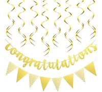 Bannière de Félicitations à Paillettes d'Or Bannière de Drapeau Triangle avec 12 Pièces Tourbillons Suspendus en Or pour Décorations d'Anniversaire de Remise des Diplômes de Mariage