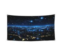 Bannière de fête avec lumières bleues dans la ville la nuit, décoration extérieure et intérieure, durable et résistante aux UV, parfaite pour un anniversaire, Halloween, et plus encore