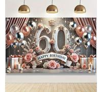 Bannière de fête d'anniversaire de 60 ans élégante - faite de fibre de polyester, avec une couronne dorée rose et un design "60", ornée de ballons scintillants et de décorations florales, parfaite pou