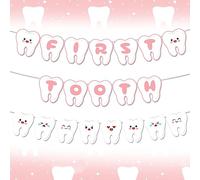 Bannière de fête des dents, première décoration de fête dentaire, 2 ensembles bannières guirlande roses pour première dent souriante, décorations de fêtes pour filles my first tooth