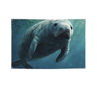 Bannière de fête « Happy Birthday » - Panneaux personnalisés - Bannière de lamantin d'animaux de l'océan - Drapeaux d'extérieur - Toile de fond « Happy Birthday » - Tapisserie pour décoration de fête