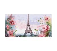 Bannière de fête personnalisée Tour Eiffel Paris avec fleurs - Grande bannière avec quatre trous ronds en métal - Décoration de la maison pour anniversaire, décoration de fête d'affaires
