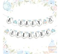 Bannière de fête prénatale pour garçon - A Baby Is Brewing - Bannière florale bleue sur le thème du thé, décoration de révélation du sexe du garçon, fête de grossesse à suspendre, fournitures de fête