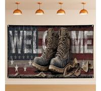 Bannière de fond avec bottes patriotiques - Décoration de bienvenue rustique vintage militaire - Intérieur ou extérieur - À suspendre au mur pour la fête des anciens combattants - 180 x 109 cm