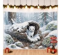 Bannière de fond de Noël avec scène de belette d'hiver 210,8 x 150,9 cm | Forêt forestière d'hiver, toile de fond pour photo, bûche creuse enneigée, art de la faune, décoration d'intérieur