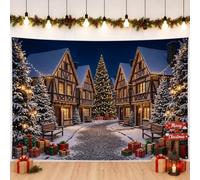 Bannière de fond de Noël avec scène de village d'hiver 180 x 109 cm | Chemin pavé enneigé, toile de fond pour photographie, maisons à cadre en bois, arbres à feuilles persistantes