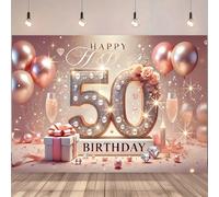 Bannière de fond pour 50e anniversaire, bannière de célébration du 50e anniversaire en or et or rose, décoration de fête élégante avec verre de champagne, ballons et design de boîte-cadeau, convient p