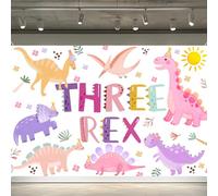 Bannière de fond pour fête d'anniversaire dinosaure (rose trois rex)