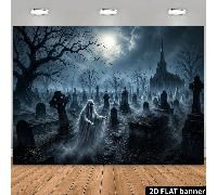 Bannière de fond thème Halloween 2D plat, thème cimetière fantôme, comprend des éléments comme des arbres morts, des pierres tombales, un vieux château, une pleine lune, des chauves-souris volantes, f