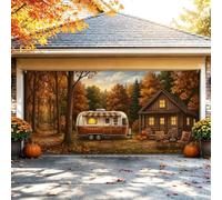 Bannière de garage 398,8 x 180,3 cm Scène d'automne Woodland Camping Scène | Cabane en bois, drapeau de porte de garage, feuillage d'automne, paysage boisé, décoration extérieure saisonnière