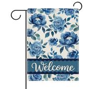 Bannière de jardin Arrangements Floresaux de Roses bleues et de pivoines à | l'aquarelle Petit Pavillon Balcon 12x18in Résistant Aux Intempéries Drapeau personnalisé Double Face Drapeau de jardin
