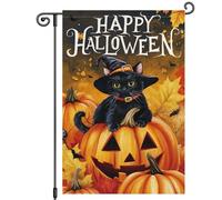 Bannière de jardin Chat, chapeau de sorcière, citrouille, joyeux Halloween | ! Petit Pavillon Anniversaires 12x18in Résistant Aux Intempéries Drapeau personnalisé Double Face Bannière