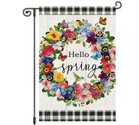 Bannière de jardin Motifs à carreaux avec pensées et papillons, bonjour le | printemps Pavillon de jardin Carnaval 12x18in Résistant Aux Intempéries Drapeau personnalisé Léger Drapeau de jardin