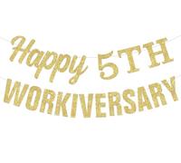 Bannière de joyeux anniversaire de travail Glitter or Bannière de joyeux 5ème anniversaire de travail 5 ans Décorations d'anniversaire de travail pour les fournitures de fête de bureau des employés