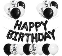 Bannière de Joyeux Anniversaire - Décorations Avec Ballons Blancs et Noirs, 20 Latex et Confettis, Ballon en Aluminium 'Happy Birthday' de 40,6 cm