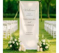 Bannière de mariage personnalisée en lin | Panneau de bienvenue en tissu personnalisé pour cérémonie et réception | Décoration de mariage moderne et rustique bohème (80 x 180 cm)