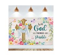 Bannière de Pâques avec croix de Jésus, papillons et fleurs en arrière-plan - Compatible avec les cabines photo pour fêtes chrétiennes,