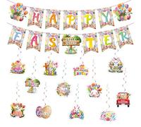 Bannière de Pâques « Happy Easter » avec 12 décorations tourbillons à suspendre, décoration de fête colorée lapin et œuf pour la maison, la salle de t la célébration du printemps