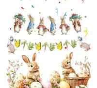 Bannière de Pâques Peter Bunny - Décor de plateau à plusieurs niveaux ďe Pâques, décoration đe fête, accessoires d'ambiance d́e dessin animé d'anniversaire, guirlande heureuse en papier d̄e 2,5 m | Ac