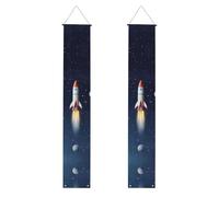 Bannière de porche « Rocket In Space » à suspendre pour porte « Happy Birthday » - Bannière de fête - Fond photo - Panneaux de porte d'entrée pour fête de bienvenue - Décoration intérieure et